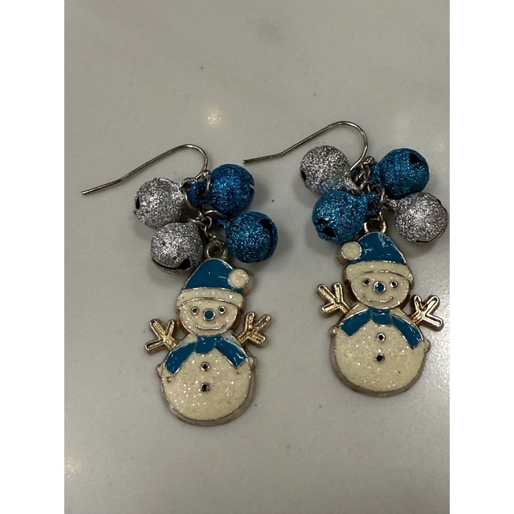 Snowman Earrings Jingle Bell Silver Blue Holiday Winter Christmas Jewelry